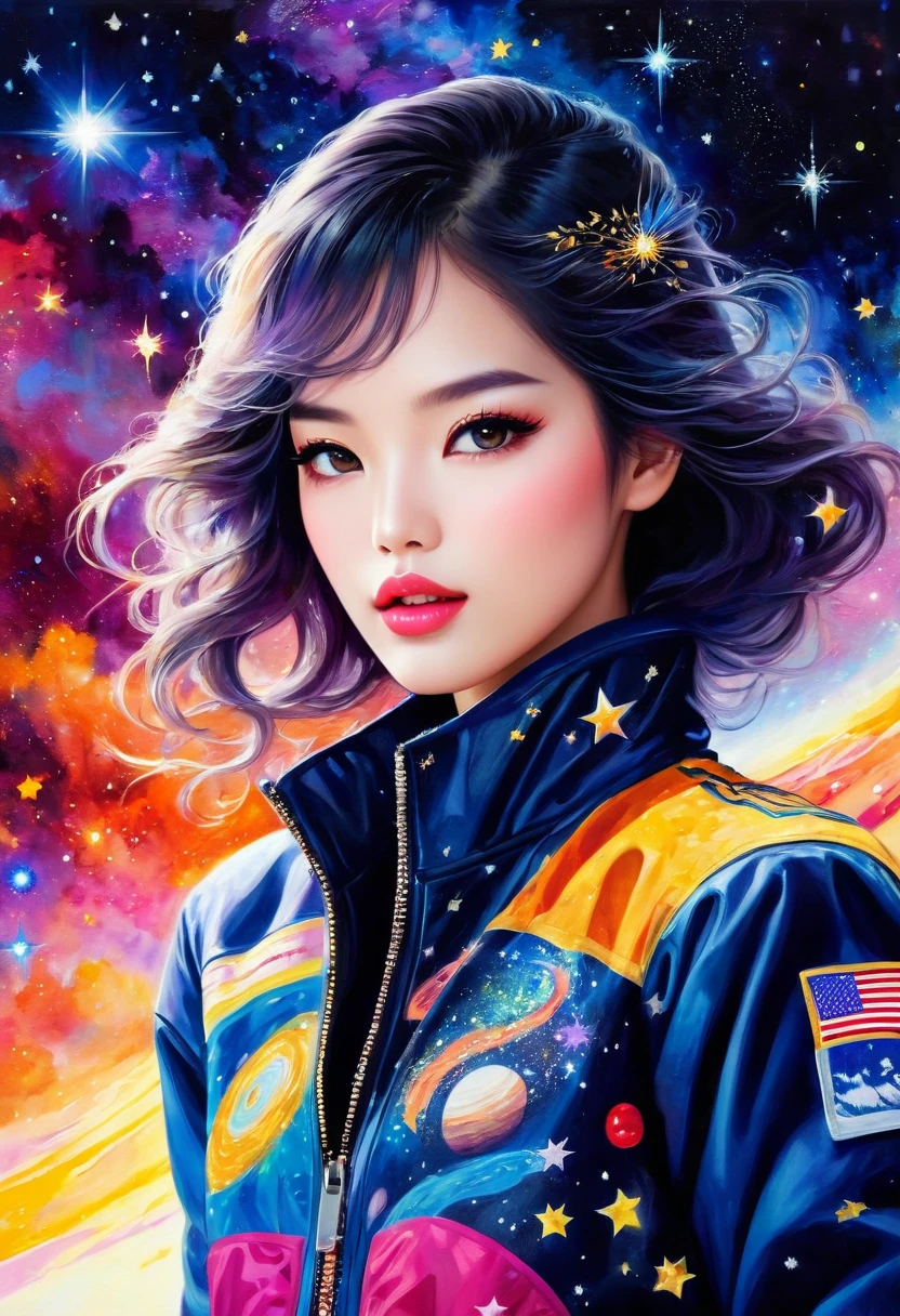 (mejor calidad, alta resolución, Realista:1.37), retrato detallado, una pintura impresionante de una niña en una galaxia con hermosos ojos detallados, hermosos labios detallados, Pestañas largas, ropa de moda, postura segura y elegante, estilo de pasarela único, patrón de noche estrellada en la chaqueta, Colores vibrantes, texturas ricas, Iluminación suave y brillante, atmósfera de pista, modelo asiático