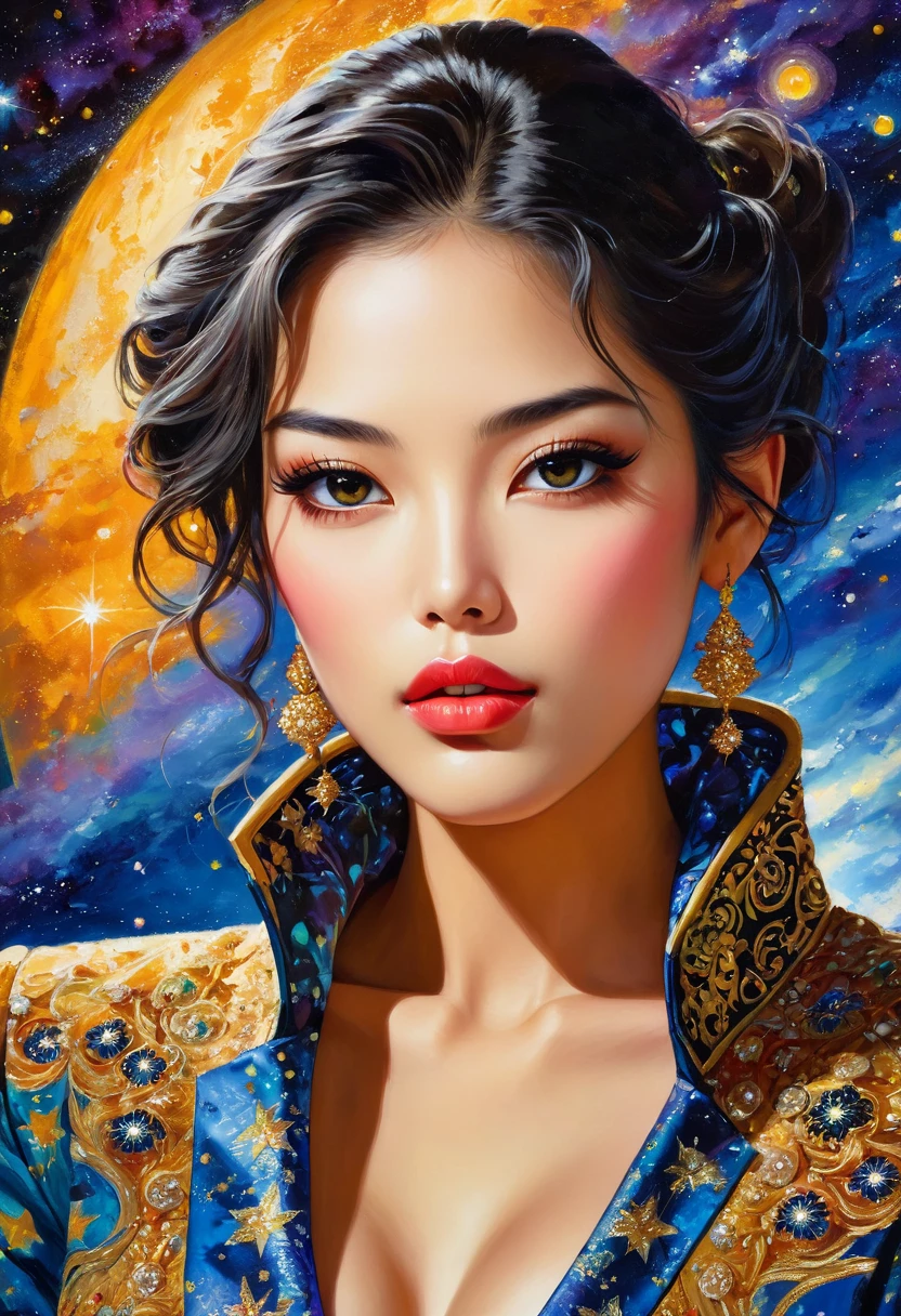 (Meilleure qualité, haute résolution, Réaliste:1.37), Portrait détaillé, une peinture impressionnante d&#39;une fille dans une galaxie avec de beaux yeux détaillés, belles lèvres détaillées, long cils, Vêtements à la mode, posture confiante et élégante, style de défilé unique, motif nuit étoilée sur la veste, couleurs vives, textures riches, éclairage doux et lumineux, ambiance de piste, Modèle asiatique