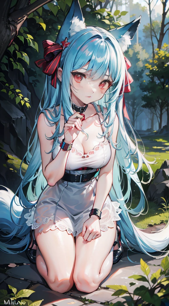 extremely detailed face，Hung on a tree，Wrapped in net，Bright red lips，Blue long hair，Kneeling on the ground，Calm expression，Malu，blush，Handcuffs，Collar，hands behind back，Fox ears，Glowing skin，Abandoned Town，Stone ground，trees