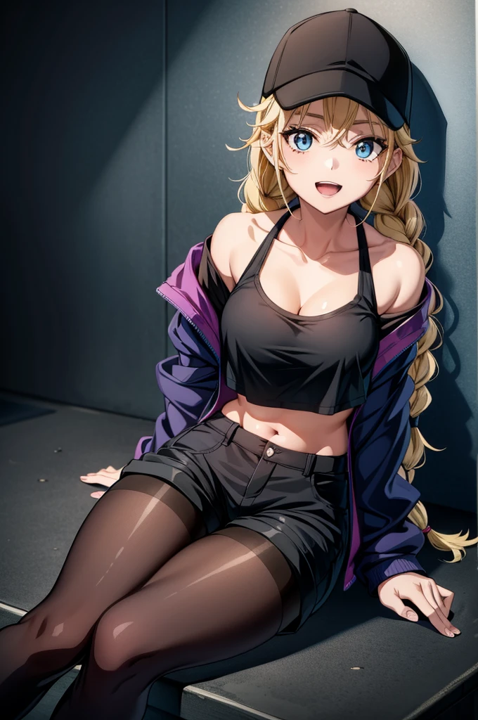 a female anime character with baseball cap, black clothes and large thigh high boots, 1girl, solo, shorts, hat, jacket, navel, blue eyes, blonde hair, braid, pantyhose, twin braids, breasts, smile, thighband pantyhose, looking at viewer, short shorts, open mouth, long hair, sitting, open jacket, off shoulder, boots, bare shoulders, baseball cap, midriff, black footwear, black headwear, open clothes, blue jacket, stomach, black shorts, crop top, collarbone, cross-laced footwear