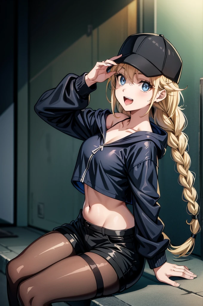 a female anime character with baseball cap, black clothes and large thigh high boots, 1girl, solo, shorts, hat, jacket, navel, blue eyes, blonde hair, braid, pantyhose, twin braids, breasts, smile, thighband pantyhose, looking at viewer, short shorts, open mouth, long hair, sitting, open jacket, off shoulder, boots, bare shoulders, baseball cap, midriff, black footwear, black headwear, open clothes, blue jacket, stomach, black shorts, crop top, collarbone, cross-laced footwear