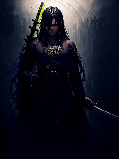 a man half darkness, long black hair, swordsman, black kimono, holding a katana looking for the us 