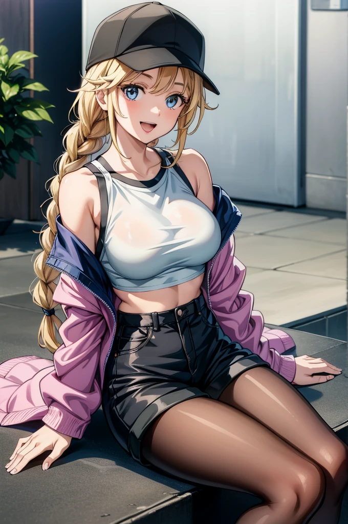 female anime character with a hat sitting on the ground with a briefcase in her hand, 1girl, solo, hat, off shoulder, blue eyes, blonde hair, jacket, braid, baseball cap, long hair, breasts, smile, navel, pantyhose, midriff, sitting, looking at viewer, open jacket, shorts, crop top, shirt, twin braids, black footwear, bare shoulders, open clothes, open mouth, sleeveless shirt, sleeveless, white shirt, white headwear, short shorts, bag, thighband pantyhose, :d, large breasts