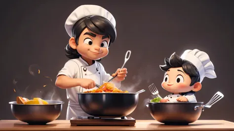 (best quality, 3d animation :1.2), masterpiece, handsome chef cooking, handsome chinese chef,smiling chef, black hair, clean bac...