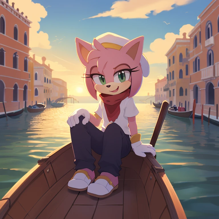 (Amy rose), full-length portrait, , (masterpiece, 4K) ((glistening body)) excellent quality, intricate detail, smooth lighting, 4k quality, ultra-detailed, subsurface scattering, ambient light, sharp focus, ((Italian hat, white beret, pantaloni pants, white pants, red maglione shirt)) ((expressive eyes, eyes shading)) ((Venice background, River, boats, bridge of rock, white gloves)) (border, sega, mammal, eulipotyphlan, white_border, tanlines, pink_body, solo, cub, youjomodoki, anthro,(green_eyes), full body, (face and bottom Focus, open smiles, expressive face), female, cream_fur, multicolored fur, ((sunny day, clouds, clouds shading)), ((sitting in boat)), Italy background, red hairband, red scarf