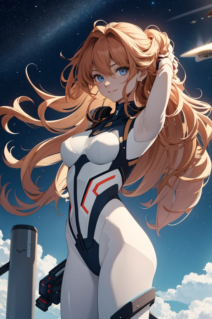 In the vast expanse of space, a girl with red, wavy long hair was floating weightlessly. She held a fierce sword in her hand, its edge gleaming under the distant sunlight reflecting off Saturn's rings. Her smile was gentle yet determined, illuminated by the soft light emitted from her spacesuit's helmet. Her body was encased in a form-fitting bodysuit, strong and agile, as she gracefully maneuvered herself in the zero-gravity environment. This captivating image is a masterpiece of top-quality, ultra-realistic 8K CG, filled with exquisite details and realistic light and shadow effects. The girl's