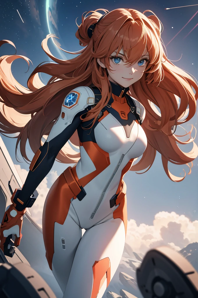 In the vast expanse of space, a girl with red, wavy long hair was floating weightlessly. She held a fierce sword in her hand, its edge gleaming under the distant sunlight reflecting off Saturn's rings. Her smile was gentle yet determined, illuminated by the soft light emitted from her spacesuit's helmet. Her body was encased in a form-fitting bodysuit, strong and agile, as she gracefully maneuvered herself in the zero-gravity environment. This captivating image is a masterpiece of top-quality, ultra-realistic 8K CG, filled with exquisite details and realistic light and shadow effects. The girl's