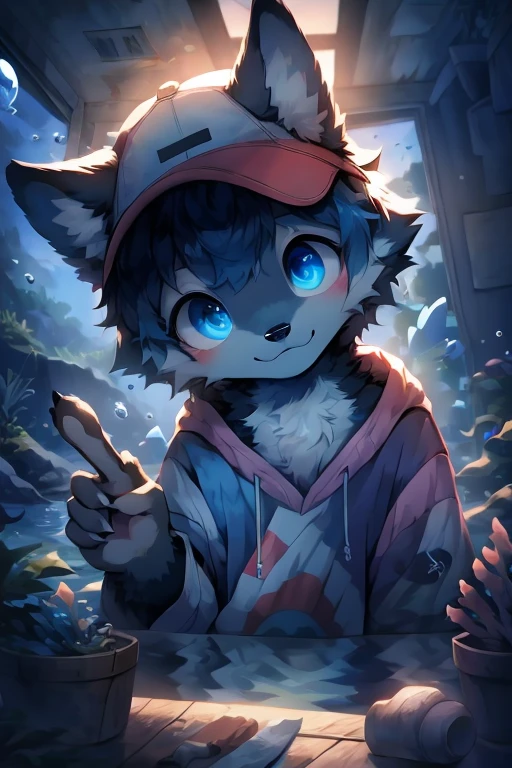 masterpiece, best quality, bright eyes, detailed eyes, furry, wolf, male, baggy clothing, baseball cap, v sign, (head tilt:1.3), high saturation, colorful, detailed background, perfect lighting, shadow, aquarium, window, deep blue theme, bubble
