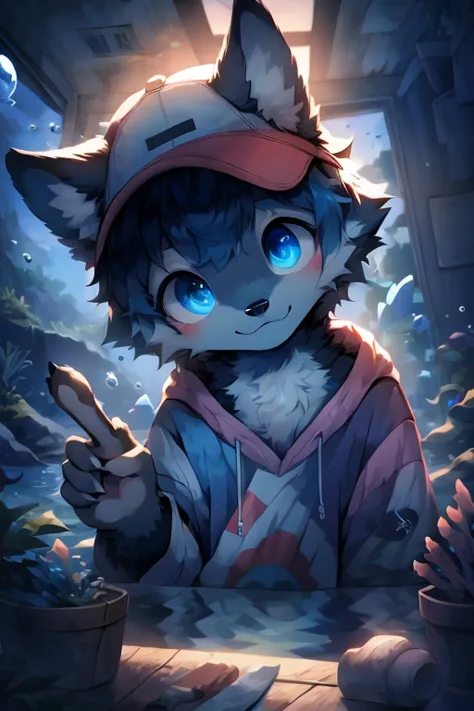 masterpiece, best quality, bright eyes, detailed eyes, furry, wolf, male, baggy clothing, baseball cap, v sign, (head tilt:1.3),...
