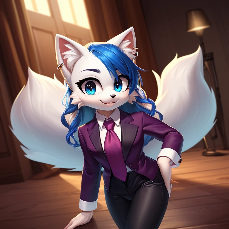 Mobian, ((arctic fox, long hair, fluffy hair, fluffy tail, finger claws, cute fangs, heterochromia, yellow eyes, blue eyes, kemono, braided hair, ear piercing, inner ear fluff, :3, multicolored hair, white hair, blue hair, highlights (coloring))), female anthro, high resolution, beautiful face, beautiful eyes, hyper detailed, Masterpiece, high quality, studio quality, intricate details, 8k, dynamic shot, HD, absurd res, digital media, ((tuxedo, dress pants))