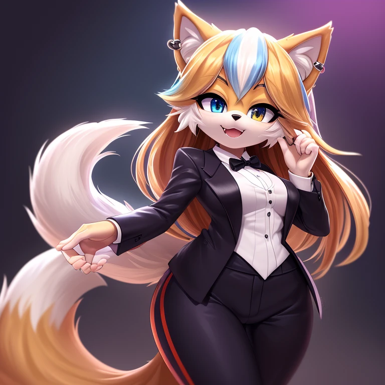 Mobian, ((arctic fox, long hair, fluffy hair, fluffy tail, finger claws, cute fangs, heterochromia, yellow eyes, blue eyes, kemono, braided hair, ear piercing, inner ear fluff, :3, multicolored hair, white hair, blue hair, highlights (coloring))), female anthro, high resolution, beautiful face, beautiful eyes, hyper detailed, Masterpiece, high quality, studio quality, intricate details, 8k, dynamic shot, HD, absurd res, digital media, ((tuxedo, dress pants))