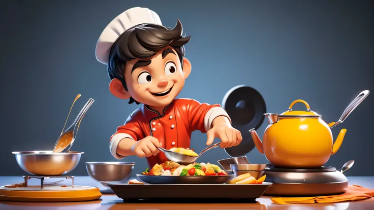 (best quality, 3d animation :1.2), masterpiece, handsome chef cooking, handsome chinese chef,smiling chef, black hair, clean bac...