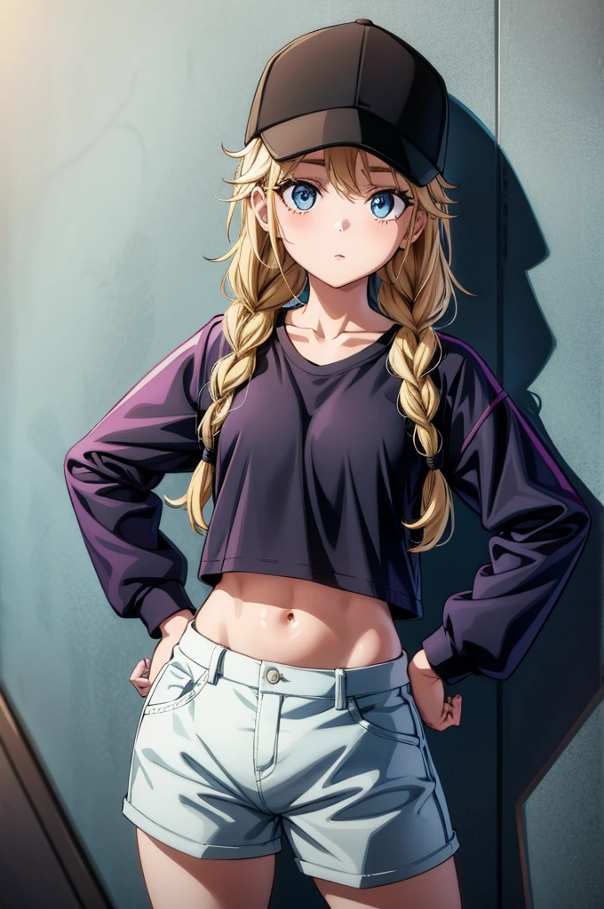 a cute anime girl in black top, purple bottoms and baseball cap posing with writing on wall behind her, 1girl, hat, solo, blue eyes, shorts, blonde hair, black shorts, twin braids, breasts, navel, braid, jacket, hands on hips, baseball cap, looking at viewer, long hair, collarbone, crop top, midriff, black headwear