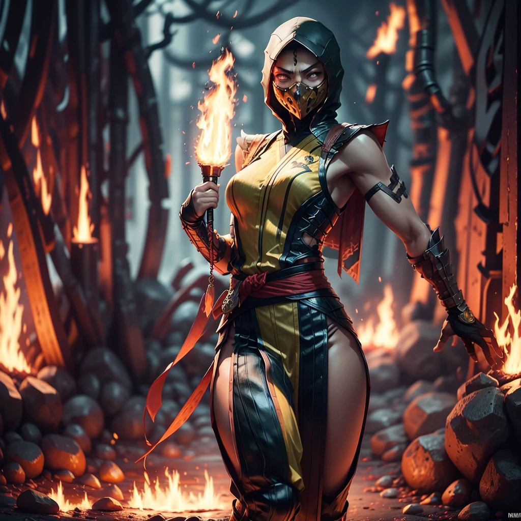 beautiful woman, one woman only, Scorpion from Mortal Kombat, full body, long black hair, face covered with scopen mask, ninja clothing, absolute resolution, high resolution, ultra detailed, kunai weapon, infernal background, intensely detailed fire, Ninja.