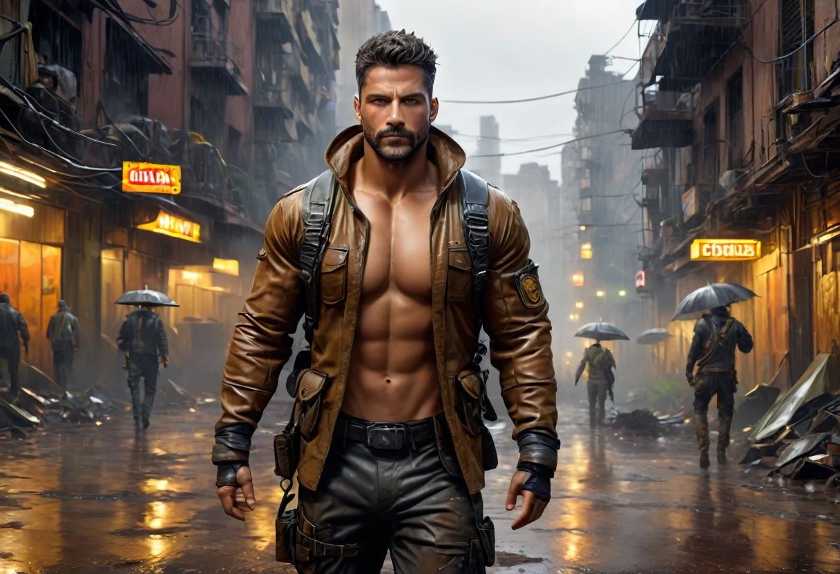 realist:1.3,( fotorrealist, 8k, RAW Photos, Premium quality, Masterpiece, epic lighting. close up, Centered image), (foreground),((1 beautiful man, self-confident, well-formed muscles, Post Apocalyptic, Guerrero, Perfectly detailed face and body, (foreground), rainy scene, poor lighting due to rain, face and body wet from the rain,lightning lighting, dynamic pose, beautiful and detailed hair, Leather Clothes)), ((in an apocalyptic city, collapsed buildings, steel beams everywhere:1.5)).