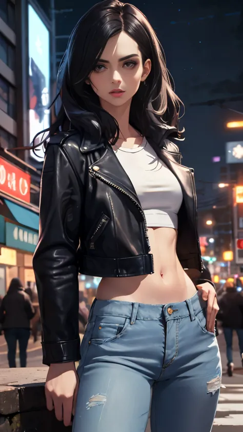 (highly quality, masterpiece, detailed), night city detailed scenario, night city detailed background, solo, jessicajones, black...