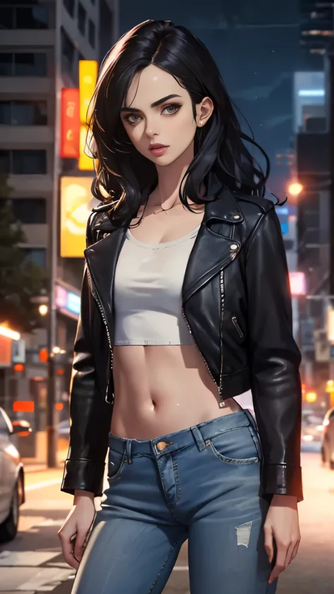 (Highly quality, masterpiece, detailed), night city detailed scenario, night city detailed background, solo, jessicajones, black...