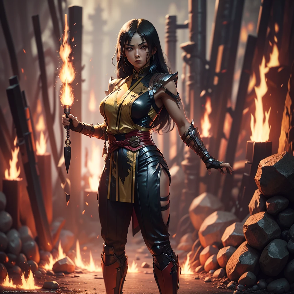 beautiful woman, one woman, Scorpion from Mortal Kombat, full body, long black hair, beautiful thin face, almond-shaped eyes, Long Hair (black). Scopan, clothing, Ninja Cheongsam, absolute resolution, high resolution, ultra detailed, kunai weapon, infernal background, intensely detailed fire, Ninja.