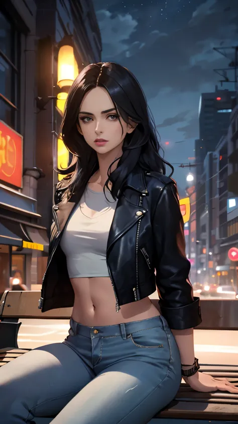 (highly quality, masterpiece, detailed), night city detailed scenario, night city detailed background, solo, jessicajones, black...