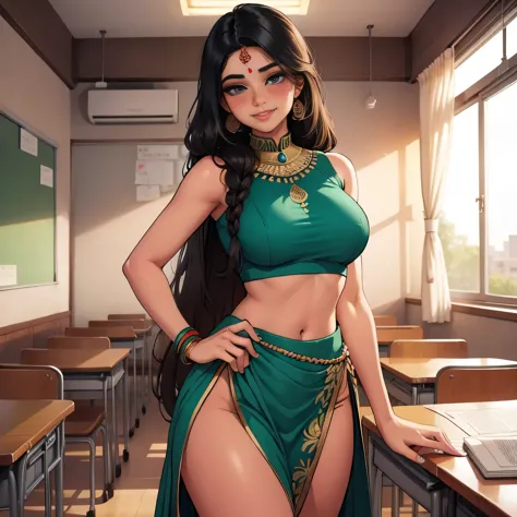 Sexy Indian teacher, traditional Indian clothes, empty classroom, amazing makeup, revealing clothes, lips parted smiling, deepes...