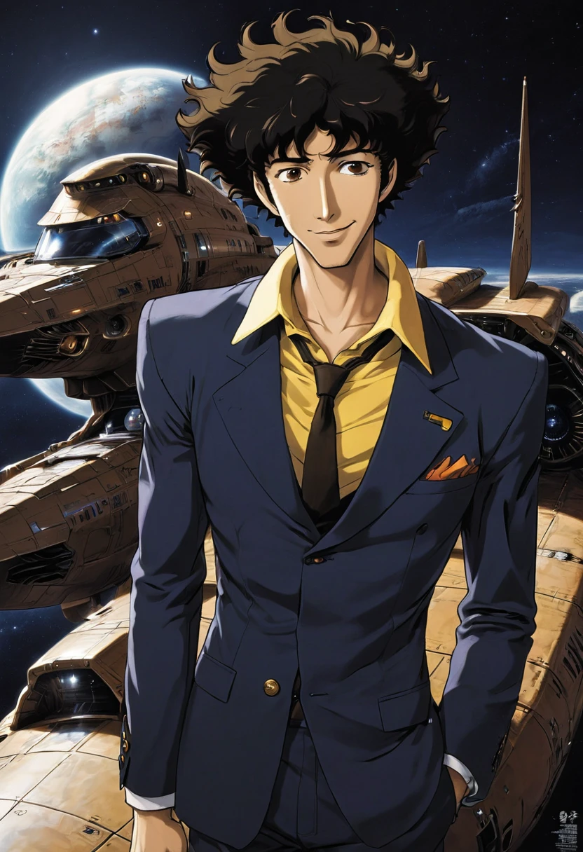 boy, Spike Spiegel, Cowboy Bebop, brown eyes, smile, black hair, black suit and tie, white shirt, black slacks, black polished shoes, outspace background, dynamic action pose, holding dual pistols, beretta 92, muzzle flash, shell casings, gunsmoke, bullet holes, aiming at viewer, 1990s style, shooter, (masterpiece, best quality, Professional, perfect composition, very aesthetic, absurdres, ultra-detailed, intricate details:1.3)