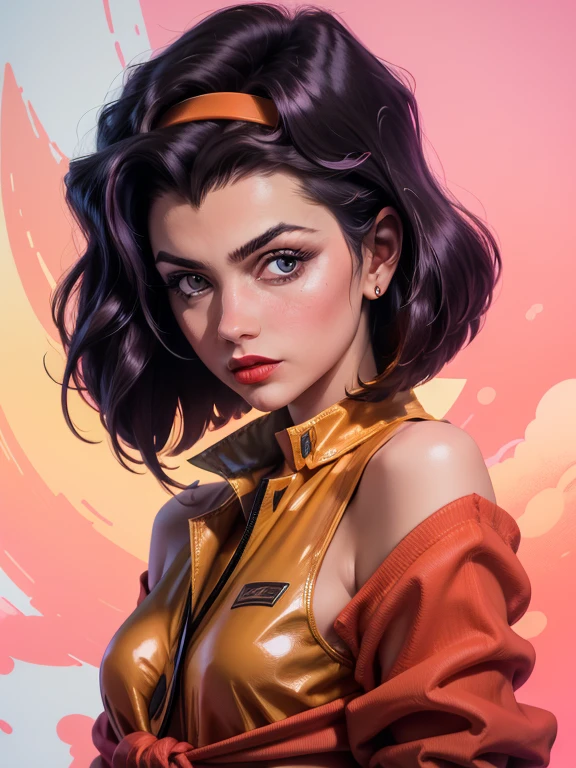 fayevalentine, diadema amarilla, chaqueta roja, top corto, 1 chica, arte increíble, gran calidad, póster, estilo vectorial, Retrato, fondo del espacio, imagen multicolor, fondo de pantalla hd