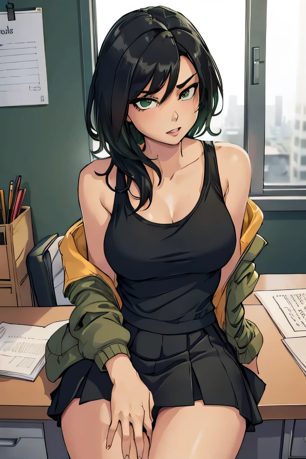 (stripping:1.2),(sexy:1.3),( woman:1.2),(shoulder length black hair),(black tank top),(green jacket and skirt),(enticing),(passionate),(office background),(sitting on desk),(desperate)