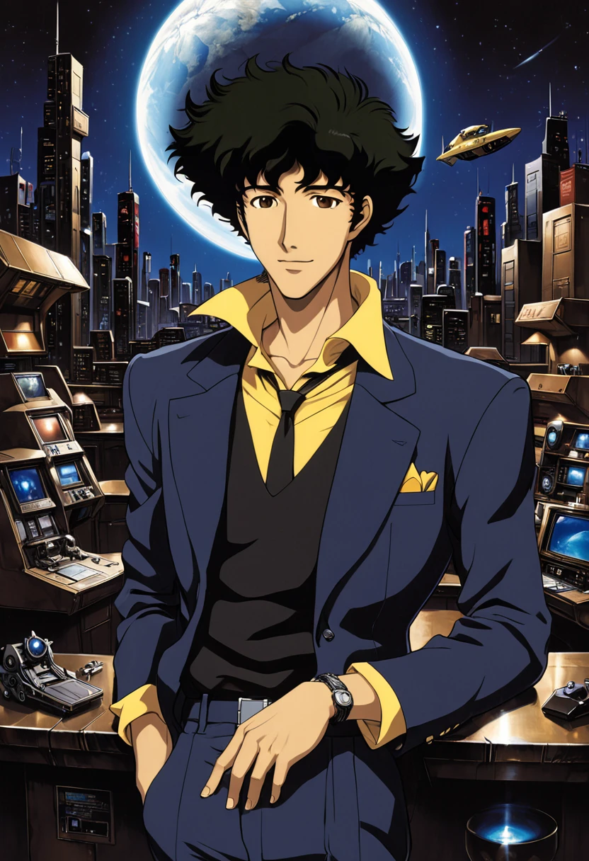 boy, Spike Spiegel, Cowboy Bebop, brown eyes, smile, black hair, black suit and tie, white shirt, black slacks, black polished shoes, outspace background, dynamic action pose, holding dual pistols, beretta 92, muzzle flash, shell casings, gunsmoke, bullet holes, aiming at viewer, 1990s style, shooter, (masterpiece, best quality, Professional, perfect composition, very aesthetic, absurdres, ultra-detailed, intricate details:1.3)