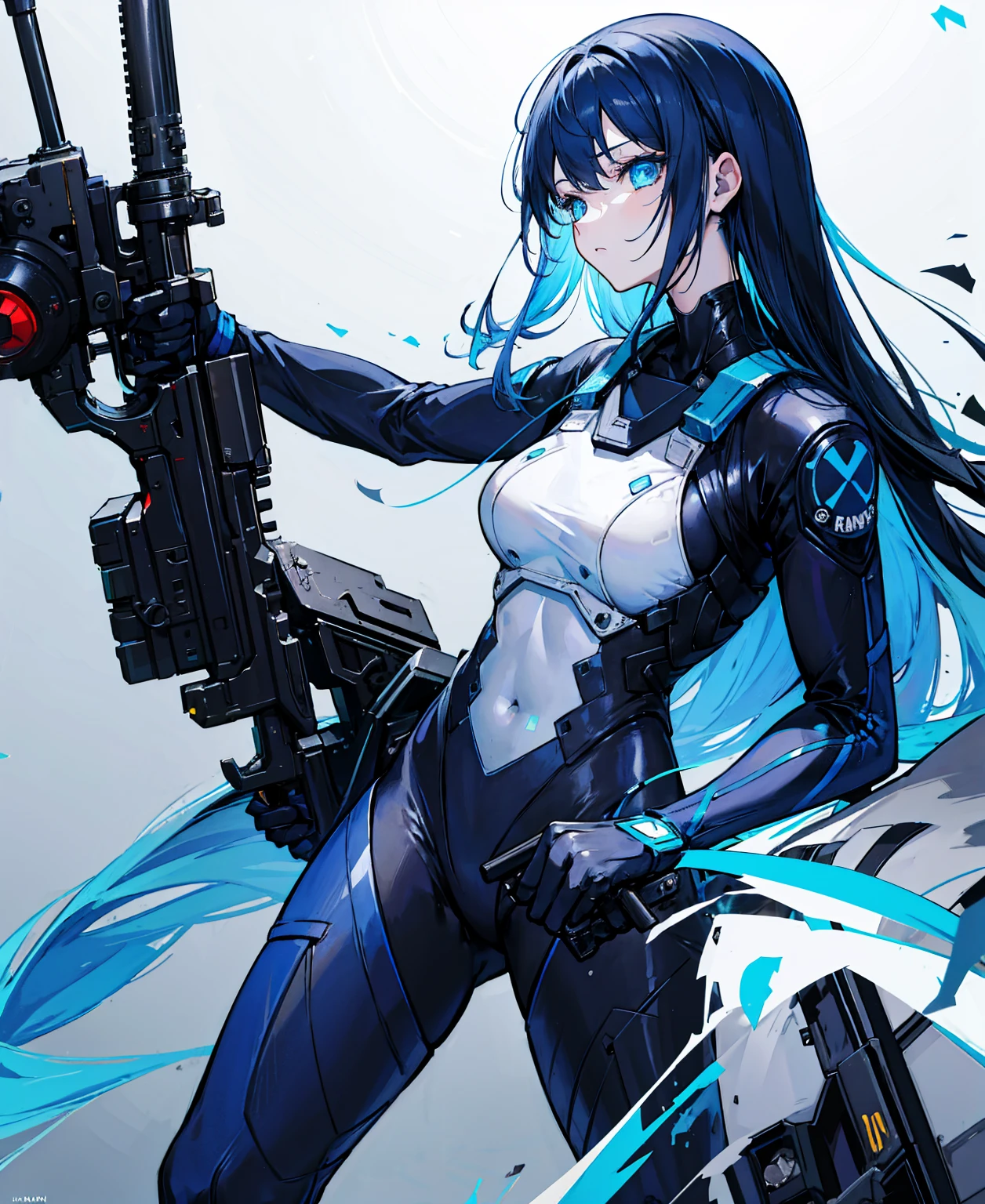 There is no background，girl，carry a firearm，Enamel-like tight suit，use of firearms，Navy blue long hair，attention arousal，Blue colored eyes,no gradation