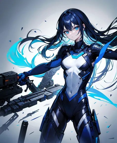 there is no background，girl，carry a firearm，enamel-like tight suit，use of firearms，navy blue long hair，attention arousal，blue co...