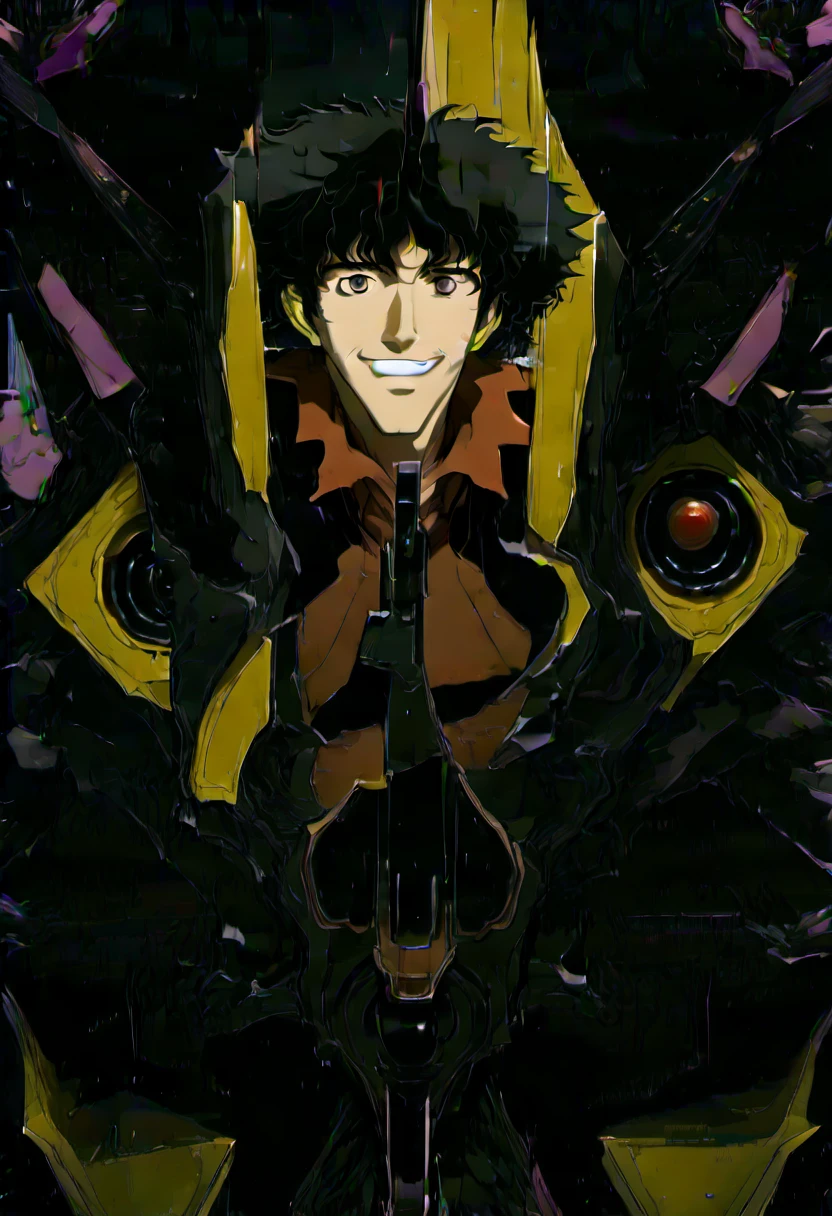 boy, Spike Spiegel, Cowboy Bebop, brown eyes, smile, black hair, black suit and tie, white shirt, black slacks, black polished shoes, outspace background, dynamic action pose, holding dual pistols, beretta 92, muzzle flash, shell casings, gunsmoke, bullet holes, aiming at viewer, 1990s style, shooter, (masterpiece, best quality, Professional, perfect composition, very aesthetic, absurdres, ultra-detailed, intricate details:1.3)