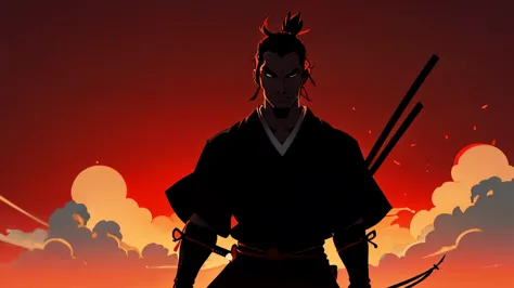 Samurai of the Japan, silhouette, cool, Red background, Ultra-wide angle view, Anime Style