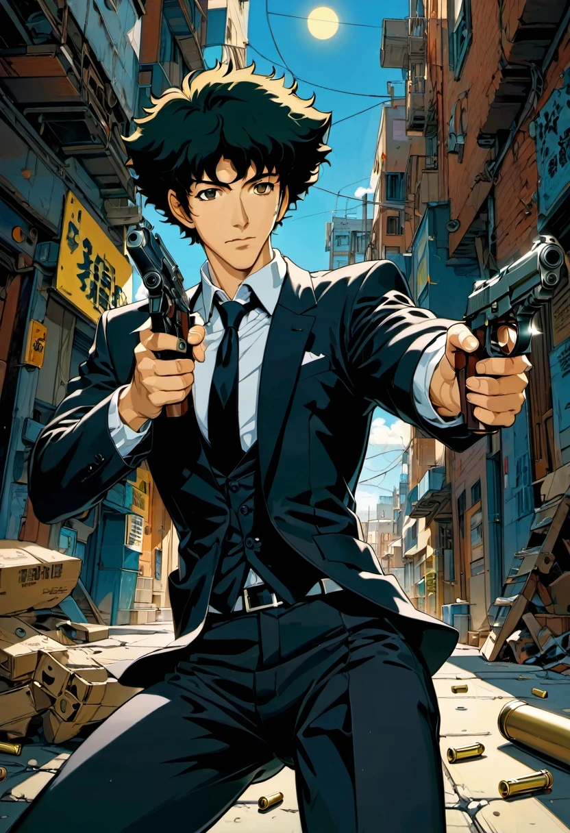 boy, Spike Spiegel, Cowboy Bebop, brown eyes, smile, black hair, black suit and tie, white shirt, black slacks, black polished shoes, outspace background, dynamic action pose, holding dual pistols, beretta 92, muzzle flash, shell casings, gunsmoke, bullet holes, aiming at viewer, 1990s style, shooter, (masterpiece, best quality, Professional, perfect composition, very aesthetic, absurdres, ultra-detailed, intricate details:1.3)