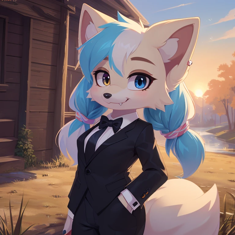 Mobian, ((arctic fox, long hair, fluffy hair, fluffy tail, finger claws, cute fangs, heterochromia, yellow eyes, blue eyes, kemono, braided hair, ear piercing, inner ear fluff, :3, multicolored hair, white hair, blue hair, highlights (coloring))), female anthro, high resolution, beautiful face, beautiful eyes, hyper detailed, Masterpiece, high quality, studio quality, intricate details, 8k, dynamic shot, HD, absurd res, digital media, ((tuxedo, dress pants))