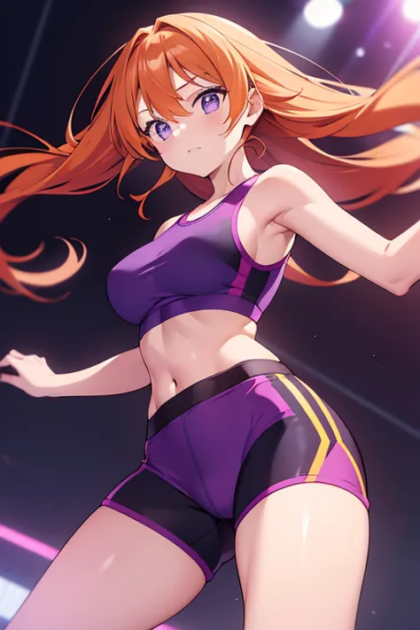 A beautiful woman with long straight orange hair wearing a purple sports bra, and black lycra shorts