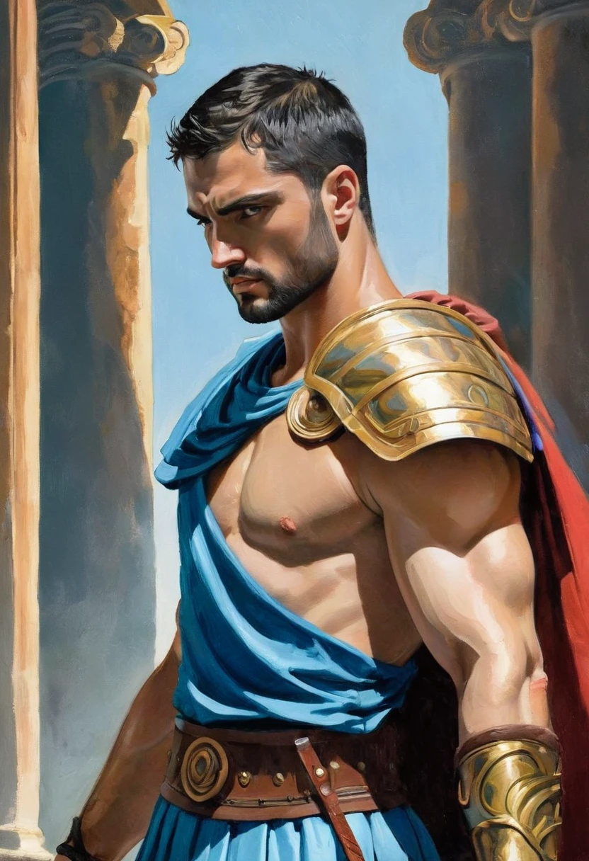 técnica de claro-escuro na ilustração impressionista de um masculino, Modelo masculino Panteão, lindo romano, ele é o deus da guerra, he is Ares, Marte, cor do mal, olhar forte, olhos azuis claros, queixo forte, vestido como um gladiador, gladiador antigo, saia gladiadora masculina, pintura fosca, por Harumi Hironaka, cores extremamente suaves, vibrante, pastel, Altamente detalhado, arte digital, Alto contraste, dramático dourado, refinado, tonal, um íntimo, ano dourado 