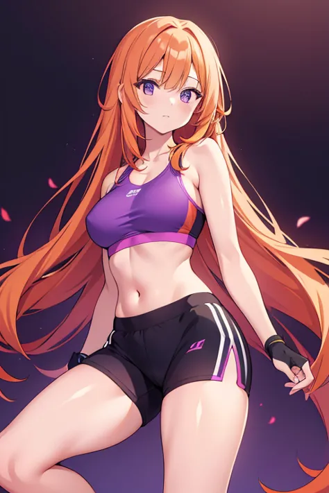 a beautiful woman with long straight orange hair wearing a purple sports bra, and black lycra shorts