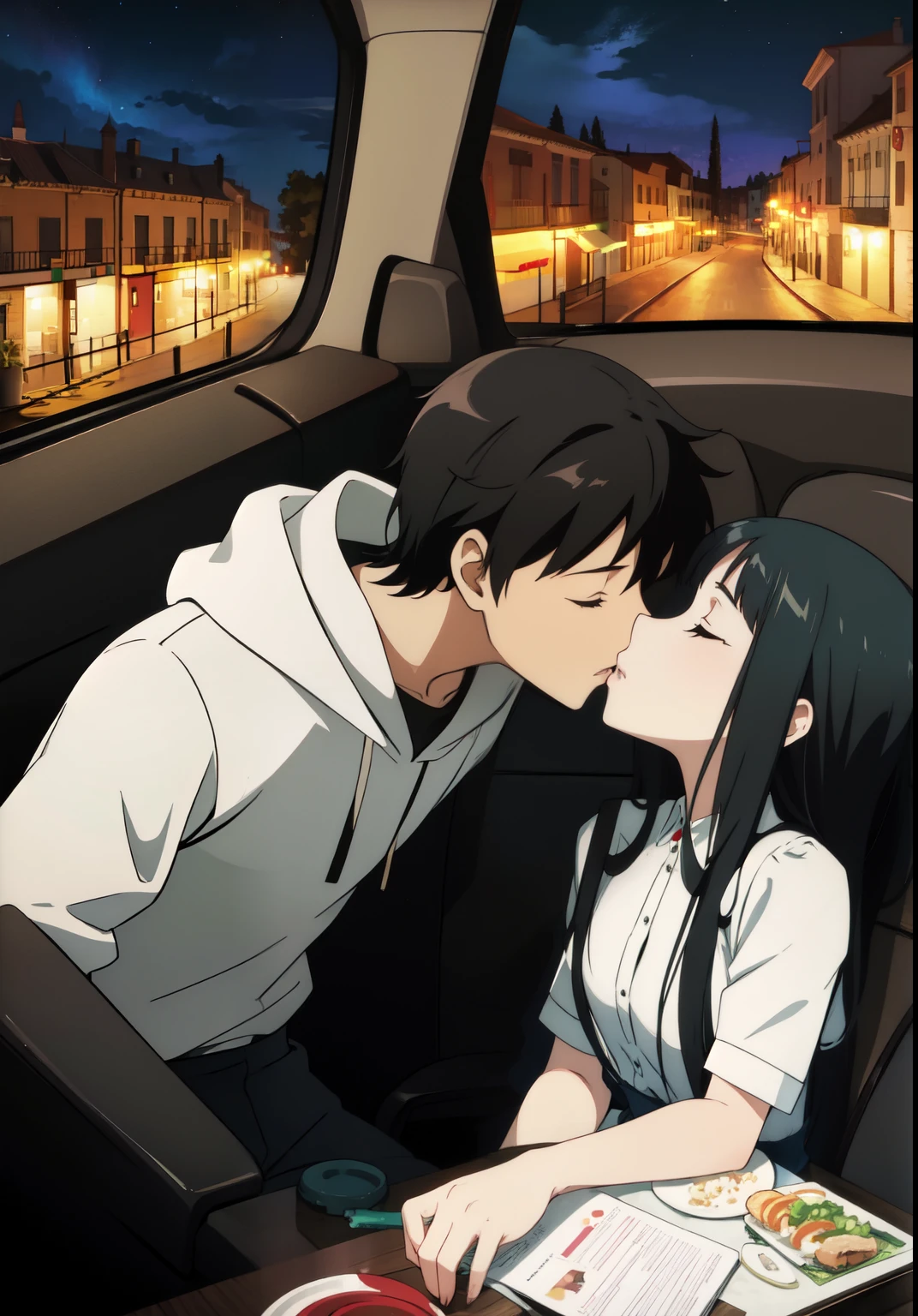 Anime couple kissing in car with city lights in background - SeaArt AI