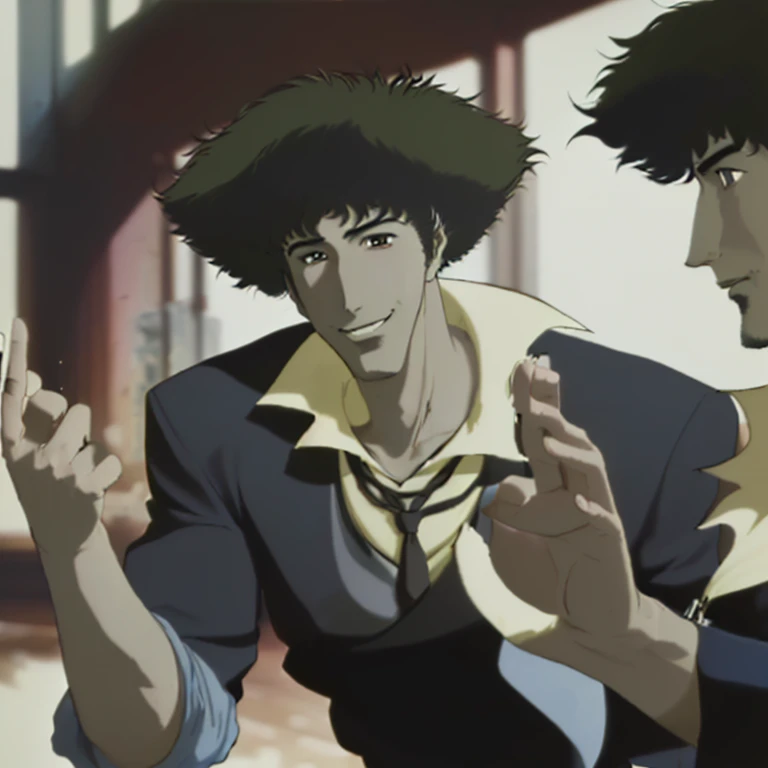 boy, Spike Spiegel, Cowboy Bebop, brown eyes, smile, black hair, black suit and tie, white shirt, black slacks, black polished shoes, outspace background, dynamic action pose, holding dual pistols, beretta 92, muzzle flash, shell casings, gunsmoke, bullet holes, aiming at viewer, 1990s style, shooter, (masterpiece, best quality, Professional, perfect composition, very aesthetic, absurdres, ultra-detailed, intricate details:1.3)