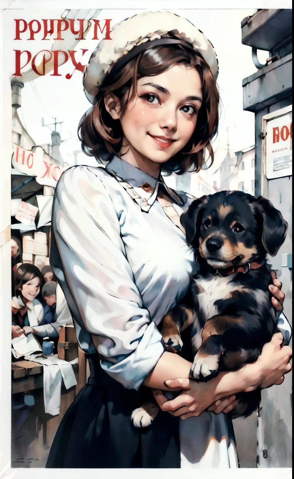 (best quality:1.2), woman with puppy, smile, looking at camera, soviet union, poster, 