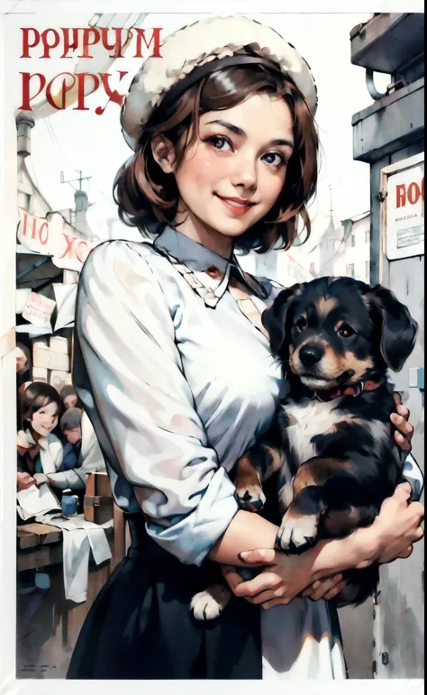 (best quality:1.2), woman with puppy, smile, looking at camera, soviet union, poster,