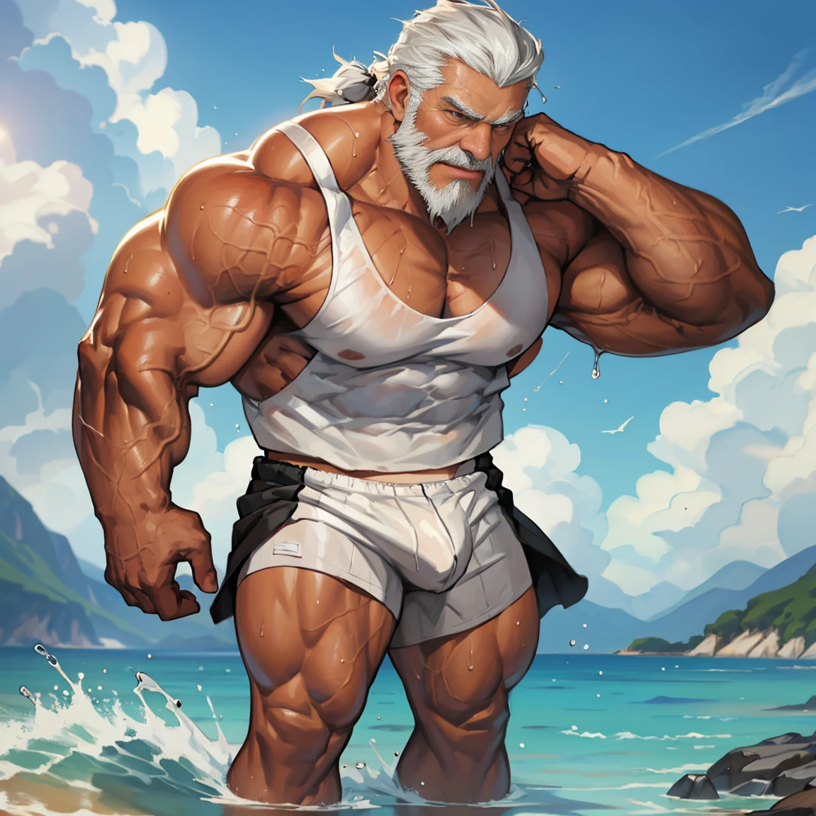 (best quality,photo-realistic:1.37),caucasian,elderly man,white beard,white hair,frontal view,full body,well-built, muscular daddy,hairy daddy,standing in the distance,on a grassy field during the day,upper body wearing a half-rolled-up white tank top,lower body wearing underwear,expressionless,alone,blushing face,sealed lips,drenched with water all over the body,clothes and underwear semi-transparent due to water,sexy,revealing physique,no explicit content,no blocked content,realistic，No NSFW，sfw，sexy but not Too pornographic ，hot but not too sexy，no Content that causes blocking，Completely healthy, No pornography, No aggressive content，Completely sfw，No nsfw content，safe for work