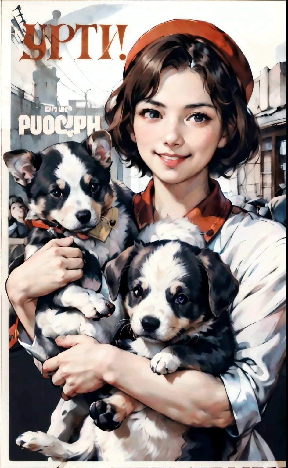 (best quality:1.2), woman with puppy, smile, looking at camera, soviet union, poster, 