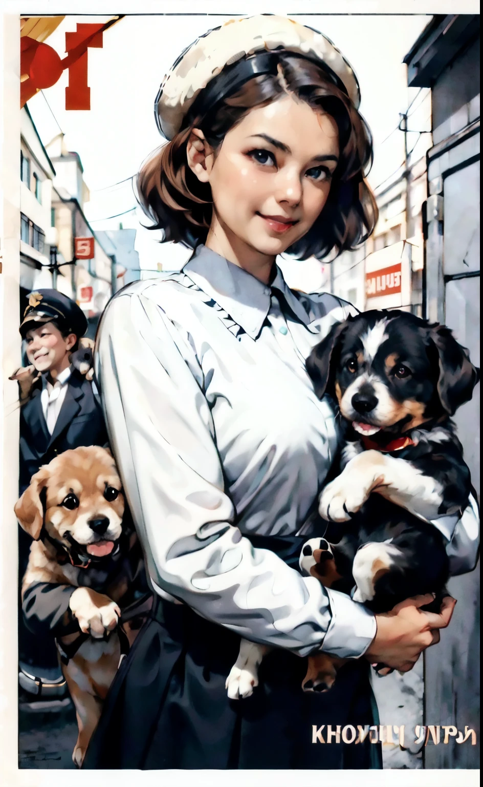 (best quality:1.2), woman with puppy, smile, looking at camera, soviet union, poster, 