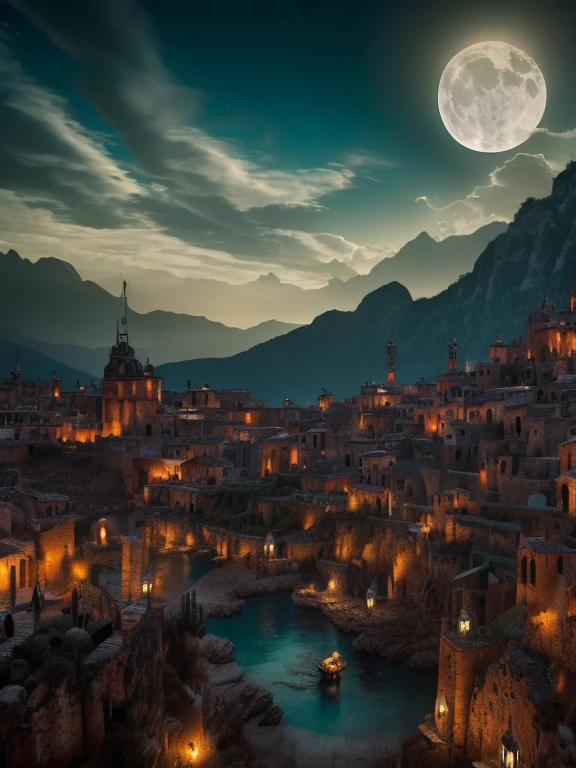 Antiguo pueblo de estilo medieval, paisaje, en una noche de luna, en el horizonte una horda de súcubos volando, una magnífica súcubo sensual y un rostro demoníaco volando en primer plano, Surrealism, 8k 