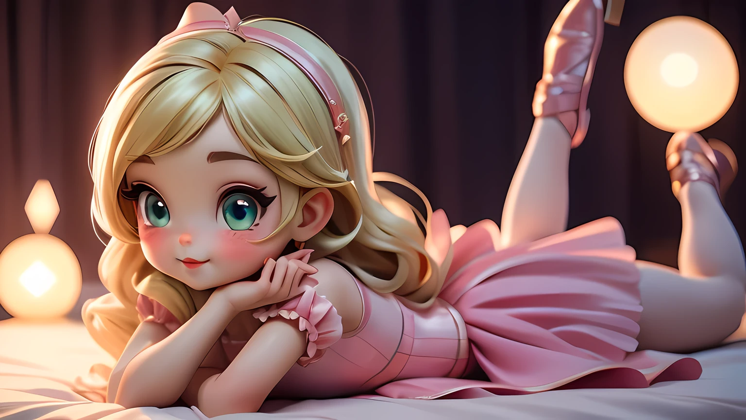 Superb Quality, Masterpiece, High Resolution, 1Girl, Blush, red lips, big lips,(Charming Smile: 0.8), Star Eyes, a drawing of a in a pink dress, artdoll, ballerina, pink ballerina, dollpunk, ballet style pose, cute cartoon style, cute cartoon, prima ballerina, 🎀 🪓 🧚, dressed as a ballerina, artstatio, hana alisa omer, katelynn mini cute style, ballet, chibi girl, anime chibi, artstatiom,green eye,golden satin hair, Tyndall Effect, Realistic, Peach Blossom Forest, Light Edge, Two-tone Lighting, (High Detail Skin: 1.2), 8K UHD, DSLR, Soft Light, High Quality, Volume Lighting, Voyeur, Photo, High Resolution, 4K, 8K, Background Blur