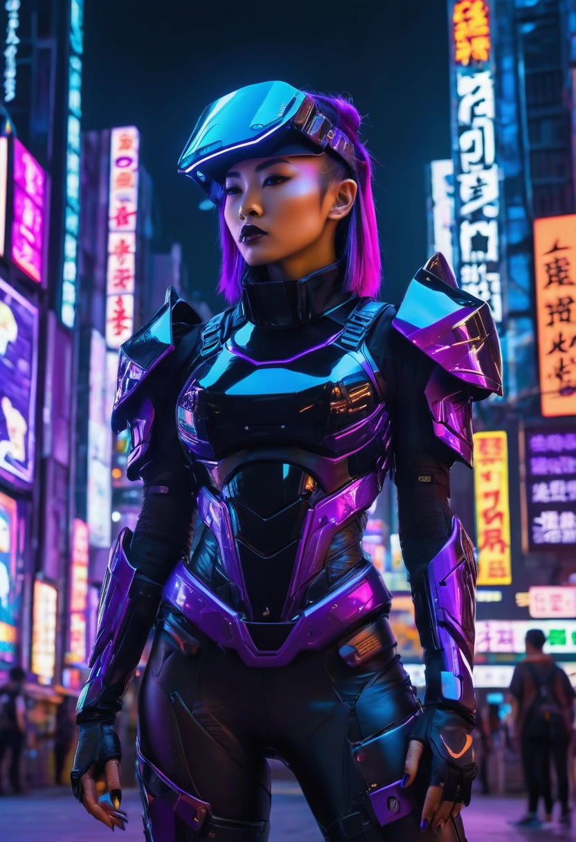 The image depicts a futuristic female warrior standing in a vibrant, neon-lit urban environment. She is adorned with cybernetic enhancements, including a sleek, black armor that covers her torso and arms, and a high-tech helmet with a visor that reflects the city's lights. Her hair is styled in a punk-inspired fashion, with a mix of black and purple hues, and she sports a bold, confident expression. The background is filled with towering buildings, illuminated by a myriad of colorful signs and advertisements, predominantly in Japanese characters, suggesting a setting in a technologically advanced Asian metropolis. The overall aesthetic is reminiscent of the cyberpunk genre, where advanced technology and a dystopian cityscape blend together.