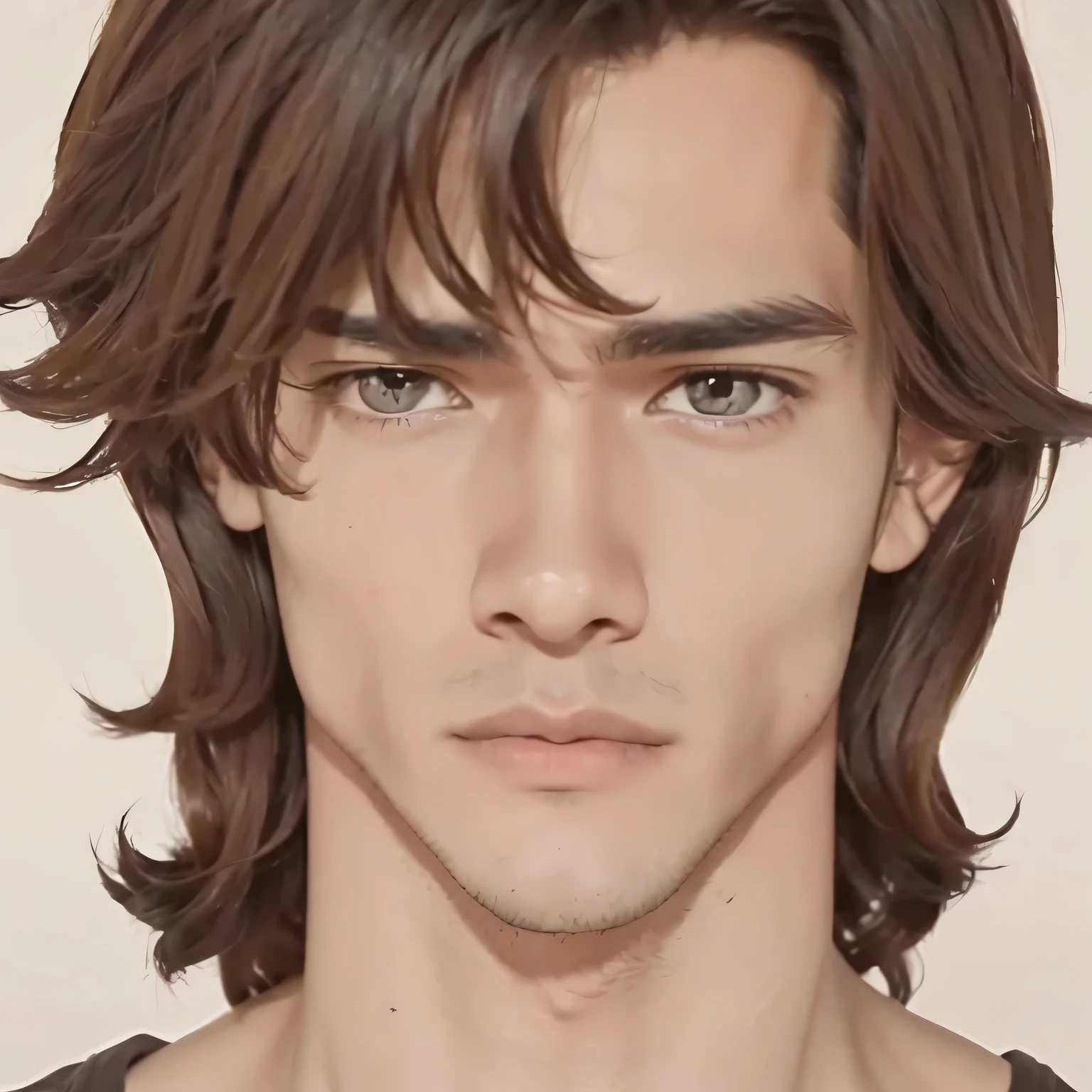 A closeup of a Latino man with long brown hair and a gray shirt, Handsome guy, eyes the color of honey, medium-dark brown skin tone, Without beard, round jaw, happy, happy detailed character portrait, beautiful detailed face
