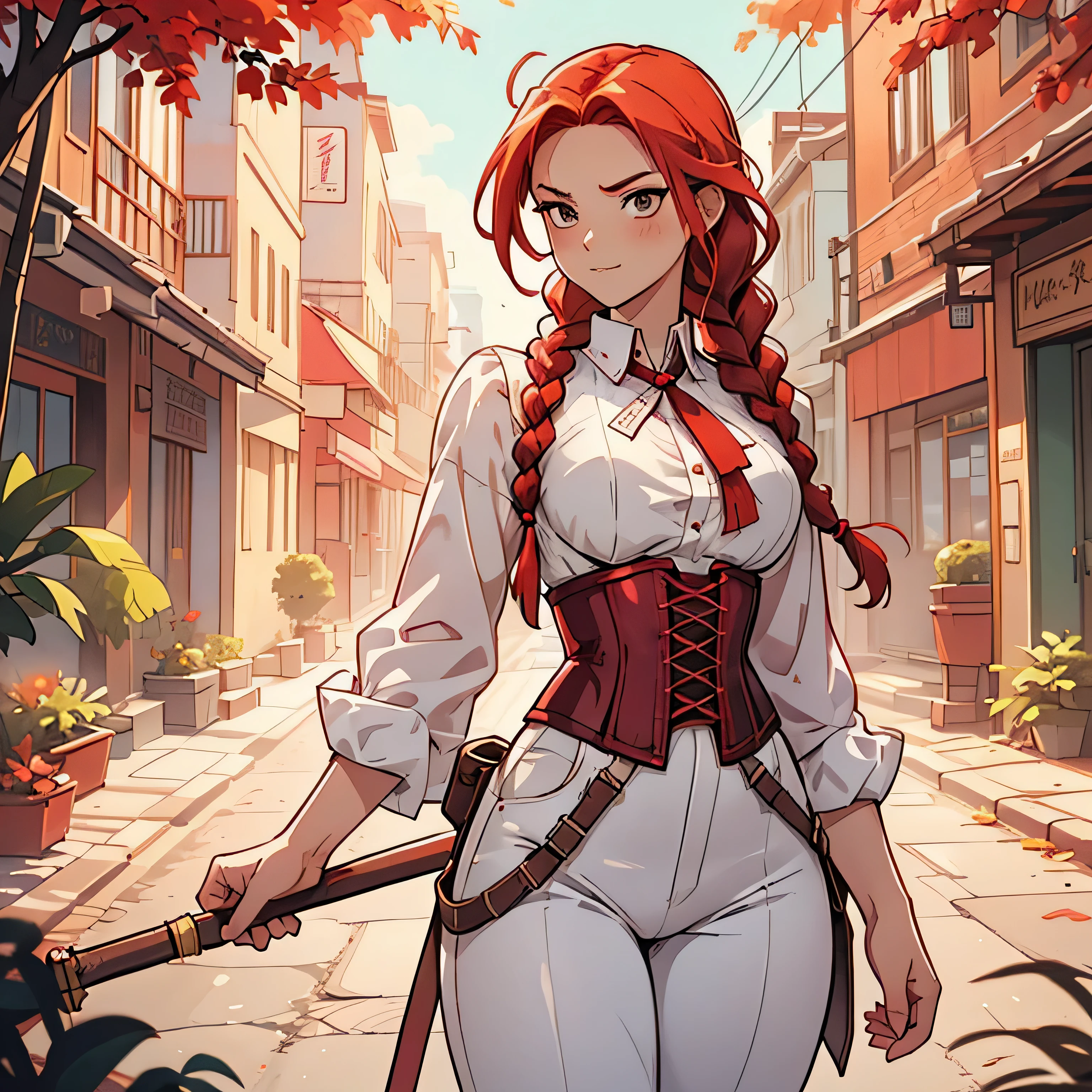 anime style, woman, sexy woman, alone, red hair, braided hair, two braids, long braids, wearing corset, white clothing, tight clothing, tight shirt, neckline, shirt with neckline, tight pants, sexy clothing, has a cane, use a cane, cane, sexy pose, sexy face