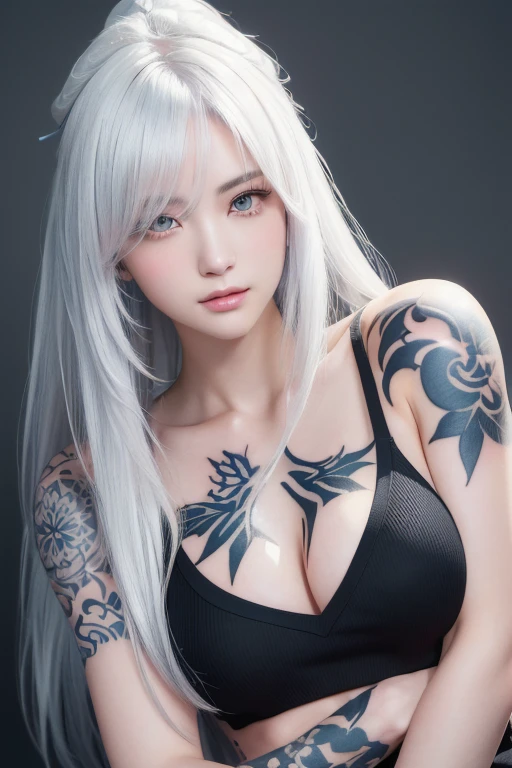 Anime Style、White skin、White Hair、Upward-facing eyes、Large and conspicuous、dark、female、高周波のdetailed (((Sharpness))))、((sharp focus: 1.2)face_V1:0.7)hand、Well drawn legs、Expose breasts、(Work - Work - Masterpiece: 1、2)、High resolution、オリジナルのHigh resolutionの最高の壁紙。 detailed: Tattoo Artist、Tattoo Artistに扮した、Arm full of tattoos、tattoo on arm、Tattooed arm、Tattooed arm、Tattooed chest、Tattooed neck、Tank topを着ている、Tank top